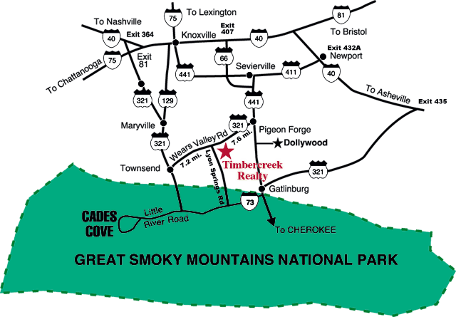 Directions to Timbercreek Cabin Rentals near Pigeon Forge Tennessee